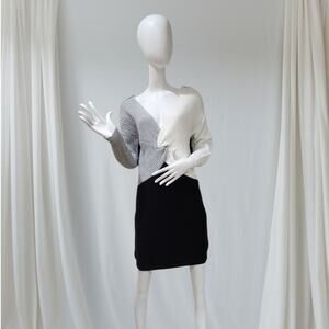 Chic & Modern Color Block Knitted Mini Dress | White, Black & Gray 3-Tone | M